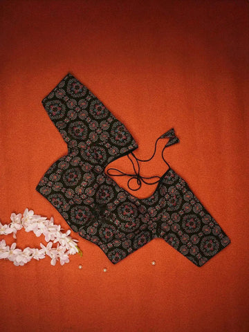 Dark Brown Cotton Readymade Blouse adorned with Floral Geometric Design - Diadem