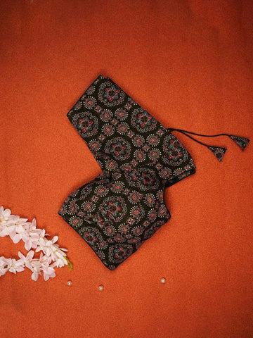 Dark Brown Cotton Readymade Blouse adorned with Floral Geometric Design - Diadem
