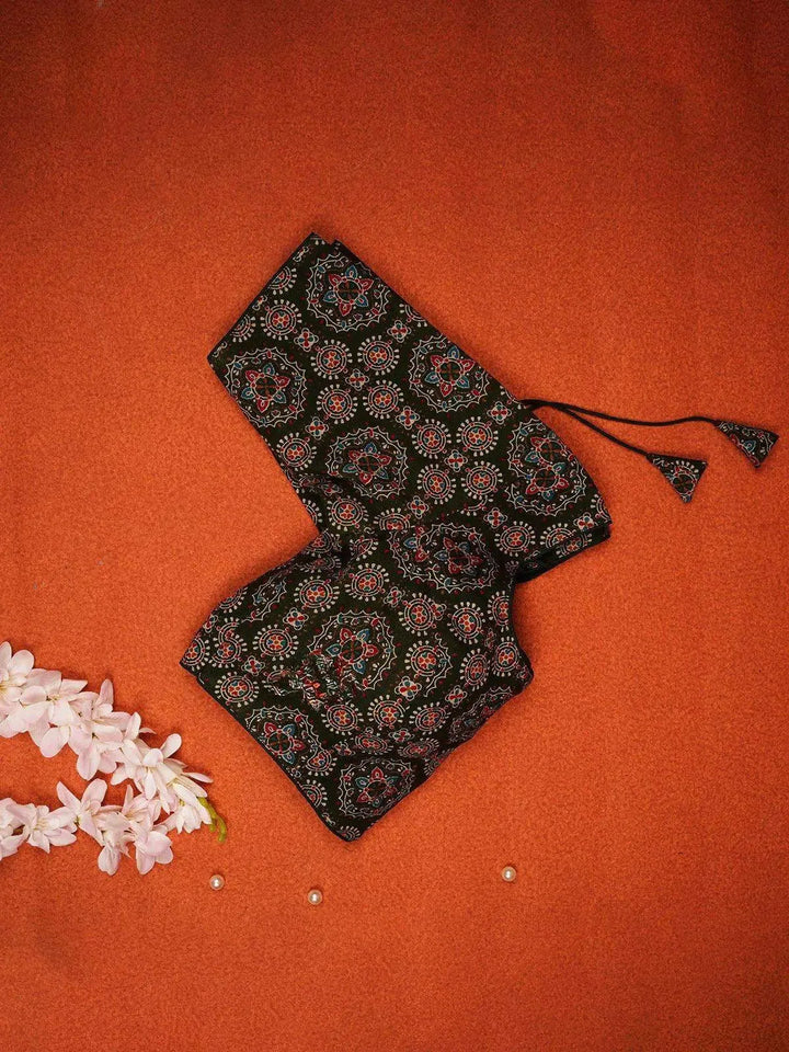 Dark Brown Cotton Readymade Blouse adorned with Floral Geometric Design - Diadem