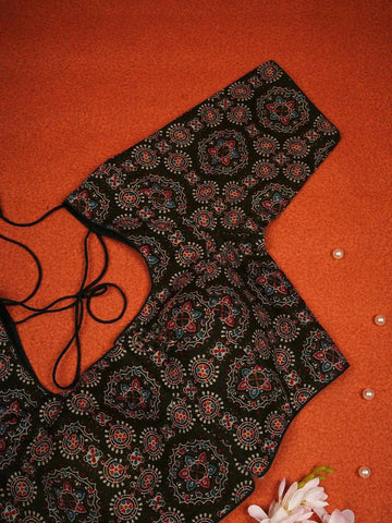 Dark Brown Cotton Readymade Blouse adorned with Floral Geometric Design - Diadem