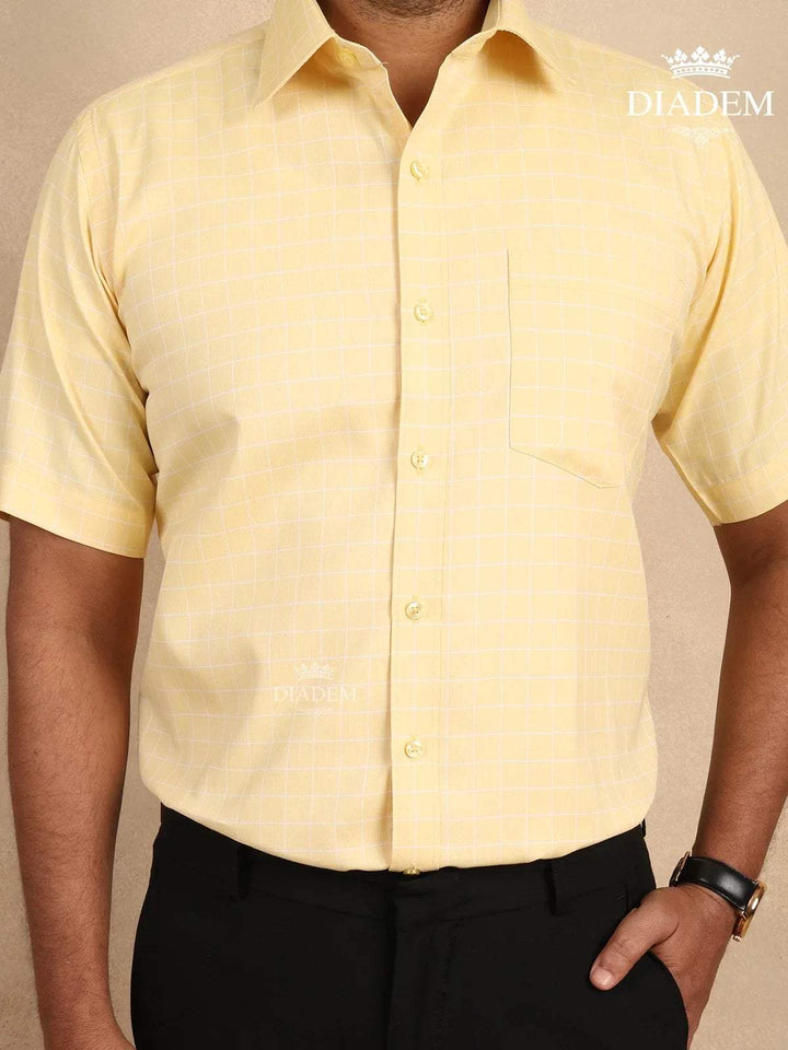 Checked Light Yellow Cotton Half Sleeve Shirt - Diadem