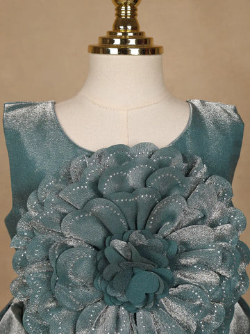 Teal Green Metallic Shine Party Frock with Oversized Glitter Floral Embellishment - Diadem