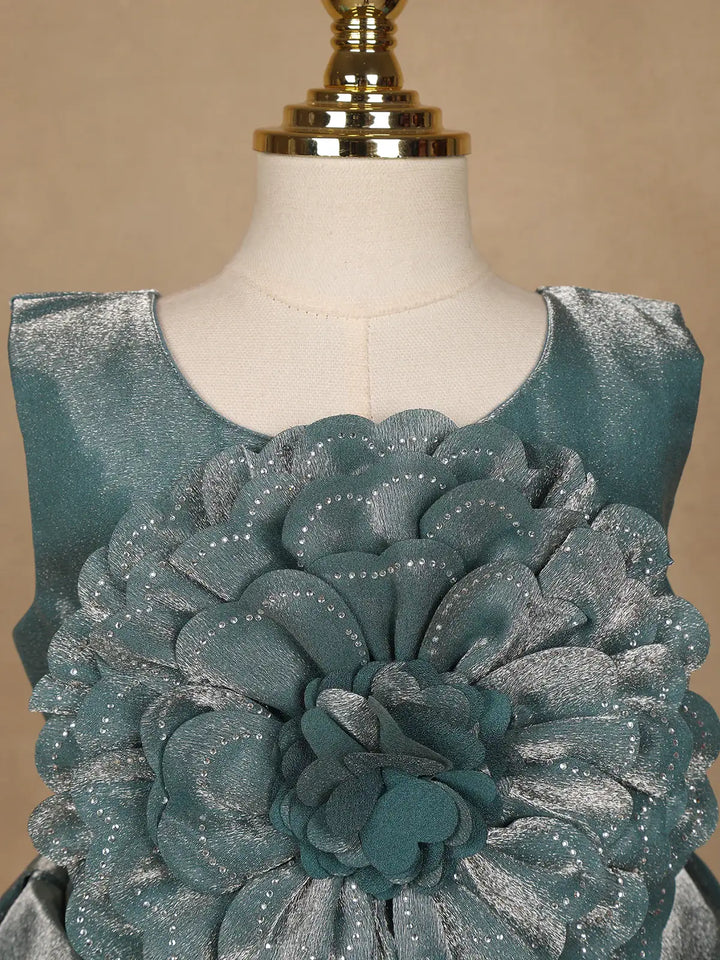 Teal Green Metallic Shine Party Frock with Oversized Glitter Floral Embellishment - Diadem