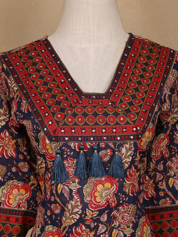 Navy Blue Floral Design Printed Cotton Salwar Suit - Diadem