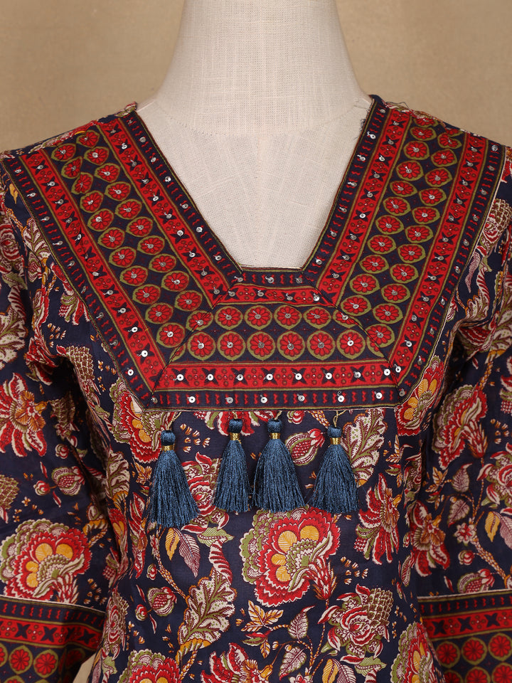 Navy Blue Floral Design Printed Cotton Salwar Suit - Diadem