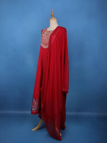 Deep Red Floral Embroidered Cotton Salwar Suit - Diadem