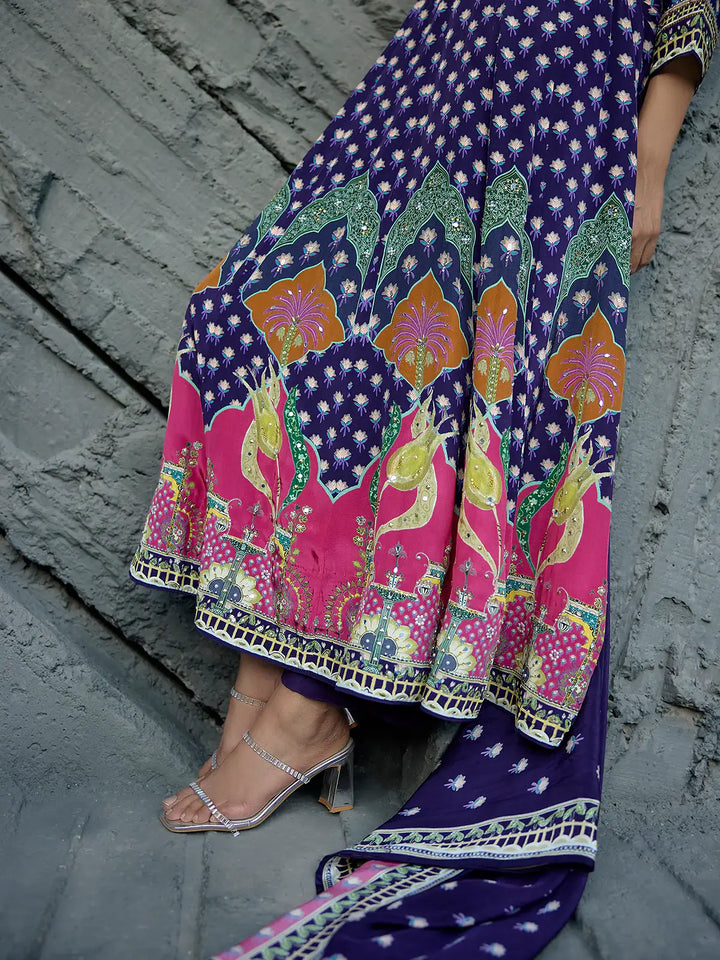 Navy Blue Floral Printed Synthetic Salwar Suit - Diadem