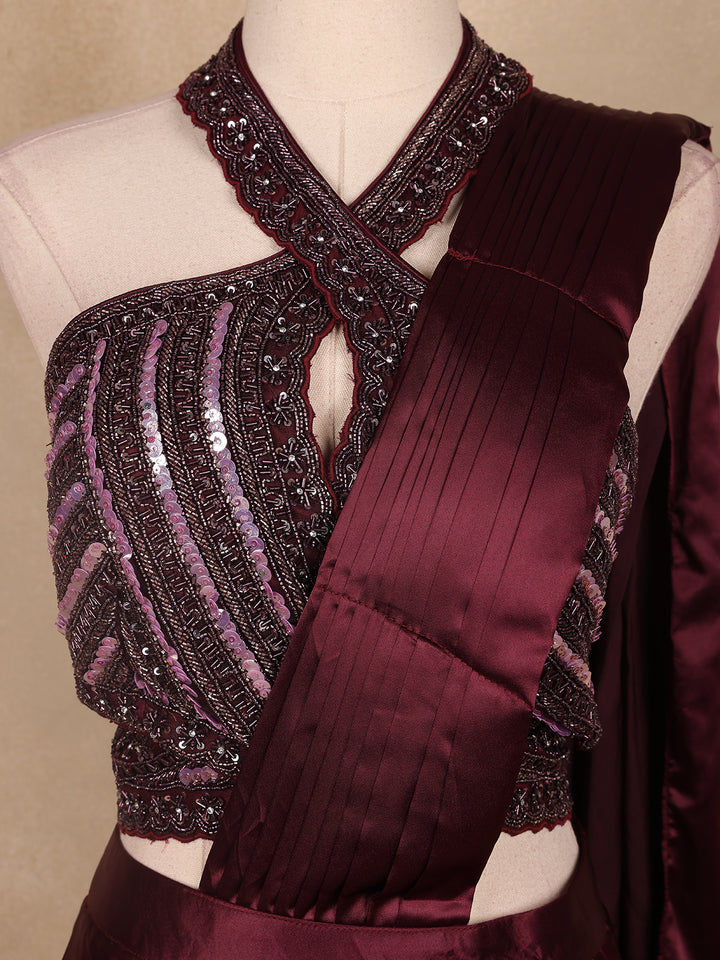 Dark Red Embroidery Satin Ready To Wear Saree with Designer Blouse - Diadem