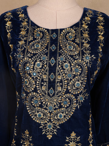 Blue Floral Designed Velvet Co Ord Salwar Suit - Diadem