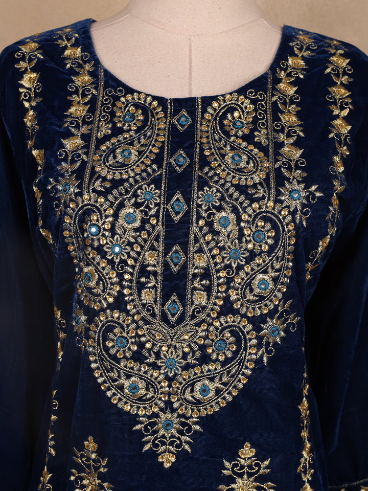 Blue Floral Designed Velvet Co Ord Salwar Suit - Diadem