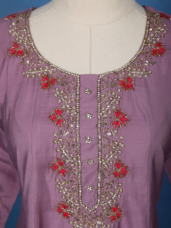 Light Purple Floral Designed Cotton Anarkali Salwar Suit - Diadem
