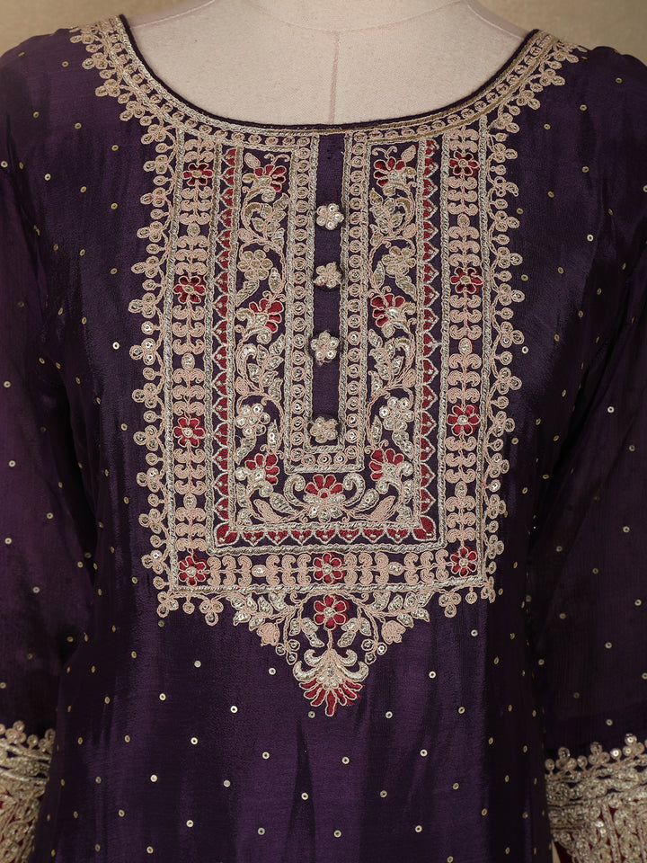 Dark Purple Floral Designed Crepe Anarkali Salwar Suit - Diadem