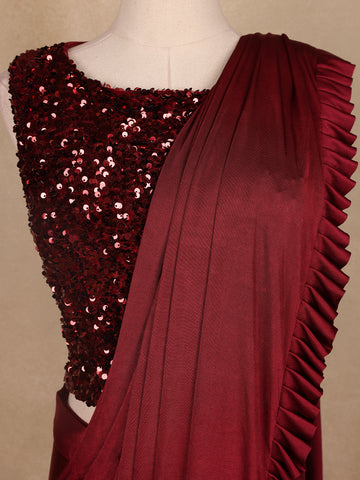 Red Embroidery Lyrca Ready To Wear Saree with Designer Blouse - Diadem
