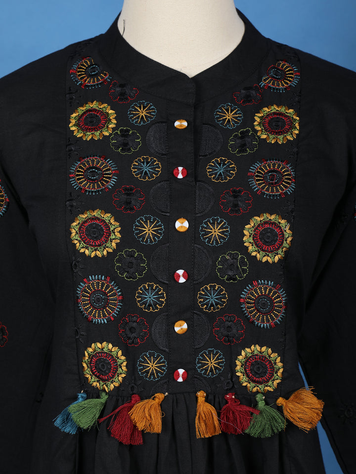 Black Floral Embroidered Cotton Palazzo Salwar Suit - Diadem