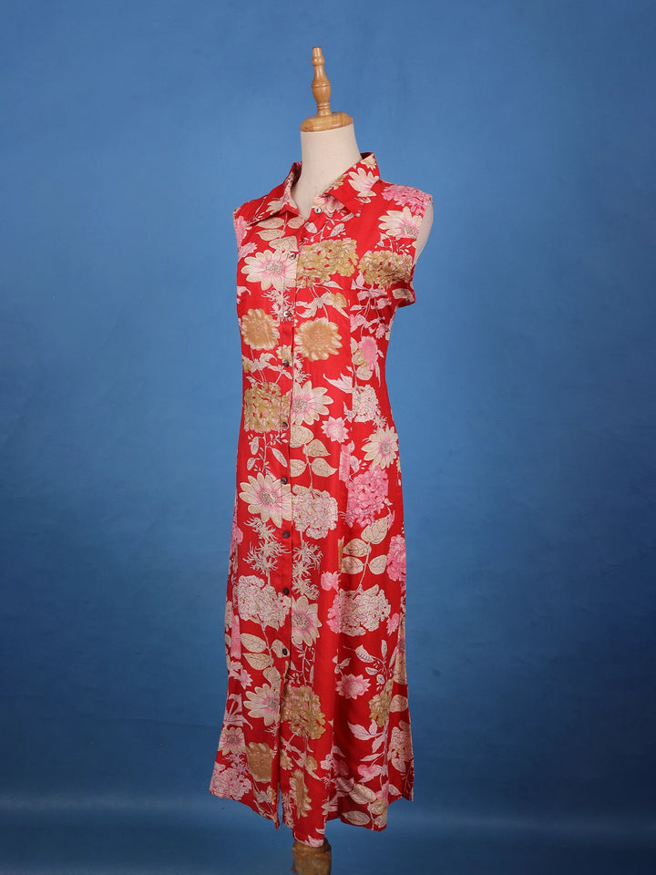 Red Floral Printed Chiffon Kurti - Diadem