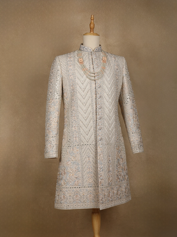 Cream Floral Embroidered Cotton Sherwani Suit - Diadem
