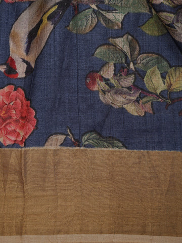 Navy Blue Floral Woven Tussar Silk Saree - Diadem