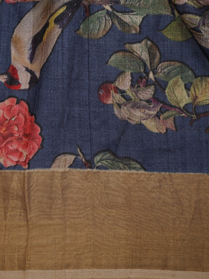 Navy Blue Floral Woven Tussar Silk Saree - Diadem