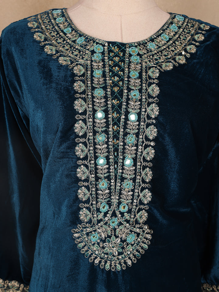 Blue Floral Designed Velvet Co Ord Salwar Suit - Diadem