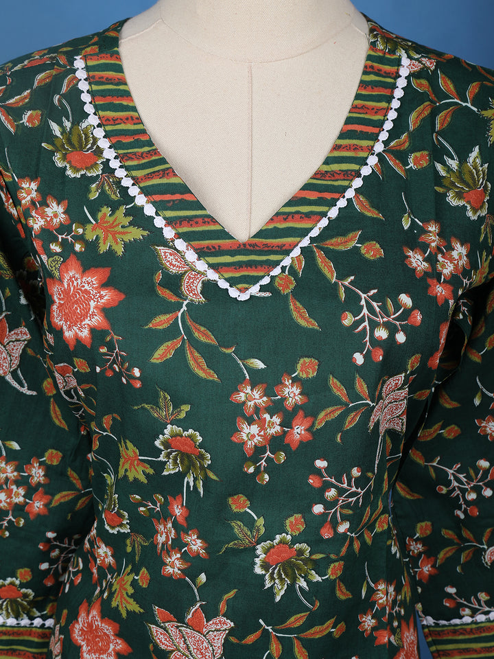 Dark Green Floral Designed Cotton Salwar Suit - Diadem