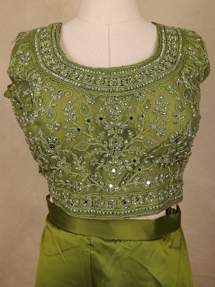 Olive Green Floral Design Net Palazzo Suit - Diadem