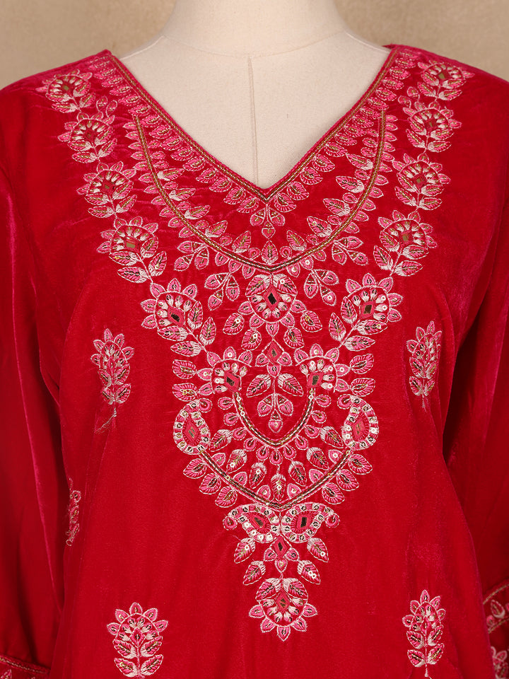 Red Floral Designed Velvet Co Ord Salwar Suit - Diadem