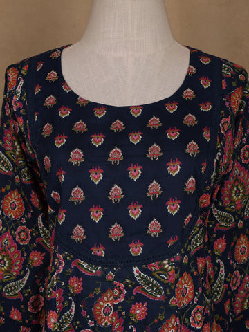 Navy Blue Floral Design Printed Cotton Salwar Suit - Diadem