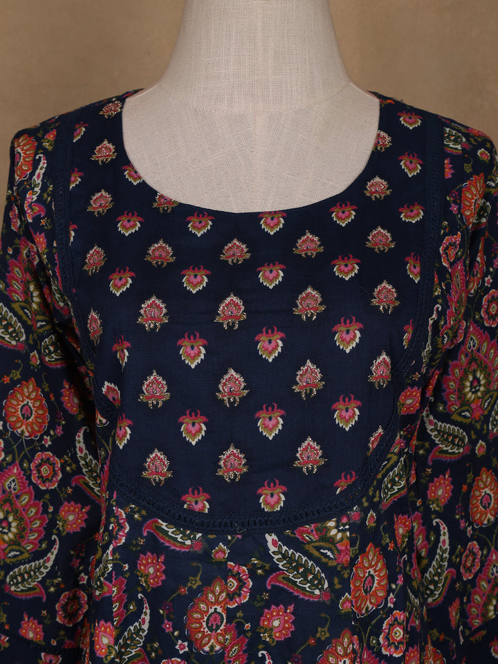 Navy Blue Floral Design Printed Cotton Salwar Suit - Diadem
