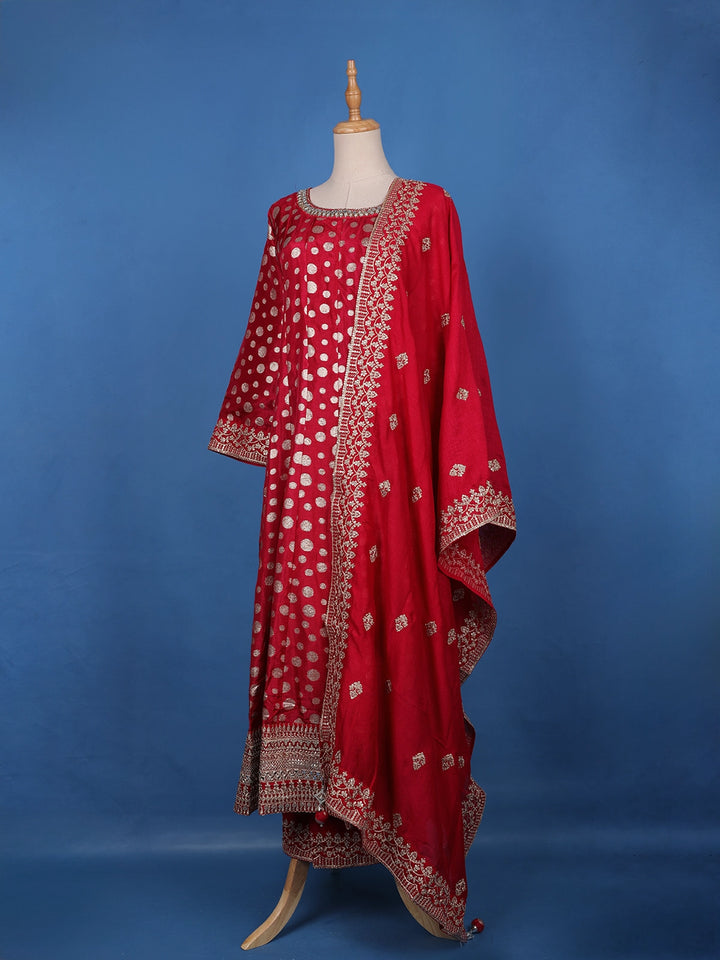 Cherry Red Sequins Embellished Banarasi Salwar Suit - Diadem