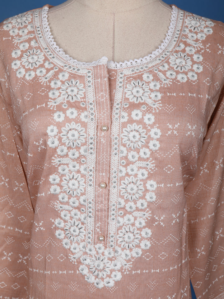 Peach Floral Designed Cotton Kurti - Diadem