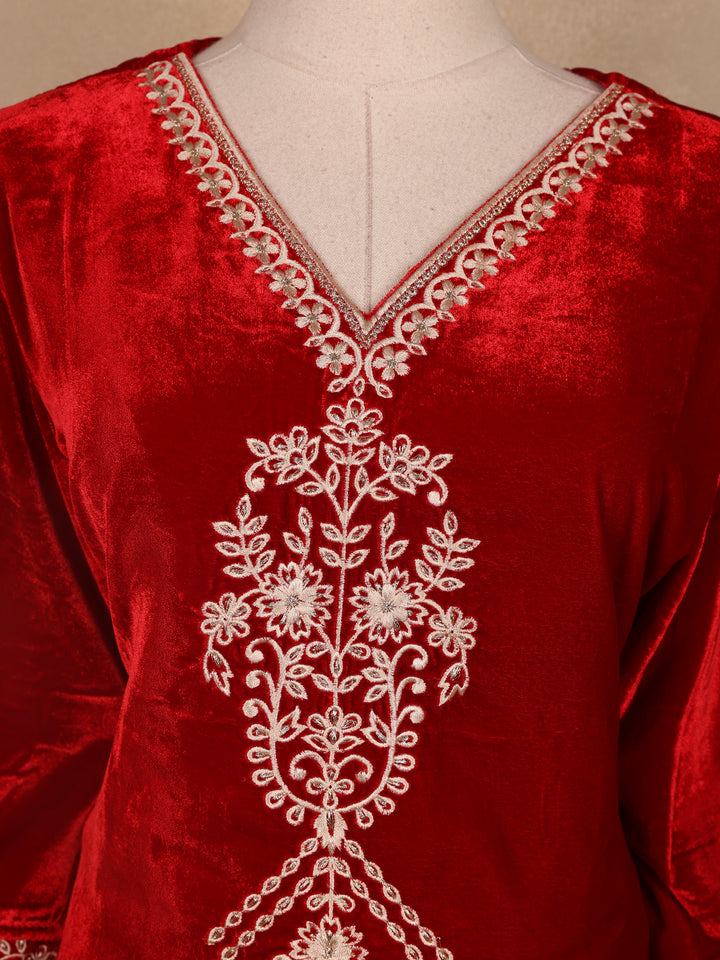 Red Floral Designed Velvet Co Ord Salwar Suit - Diadem