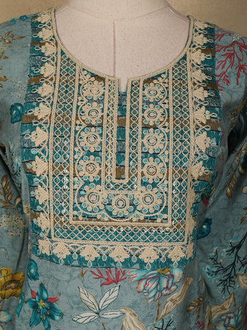 Green Floral Printed Cotton Salwar Suit - Diadem