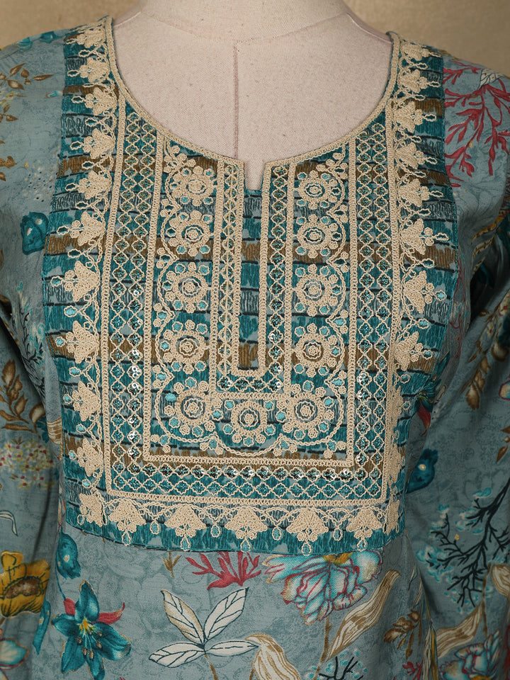 Green Floral Printed Cotton Salwar Suit - Diadem