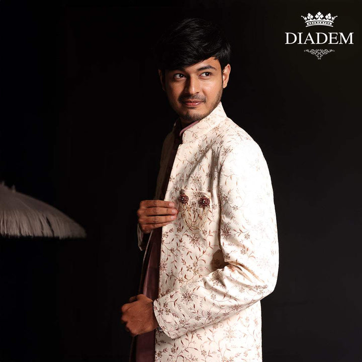 Cream Raw Silk Floral Designed Sherwani Suit - Diadem