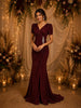 Burgundy Shimmer Draped High Slit Mermaid Gown