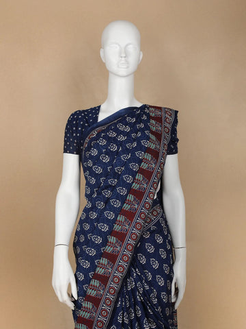 Navy Blue Floral Design Silk Cotton Saree - Diadem