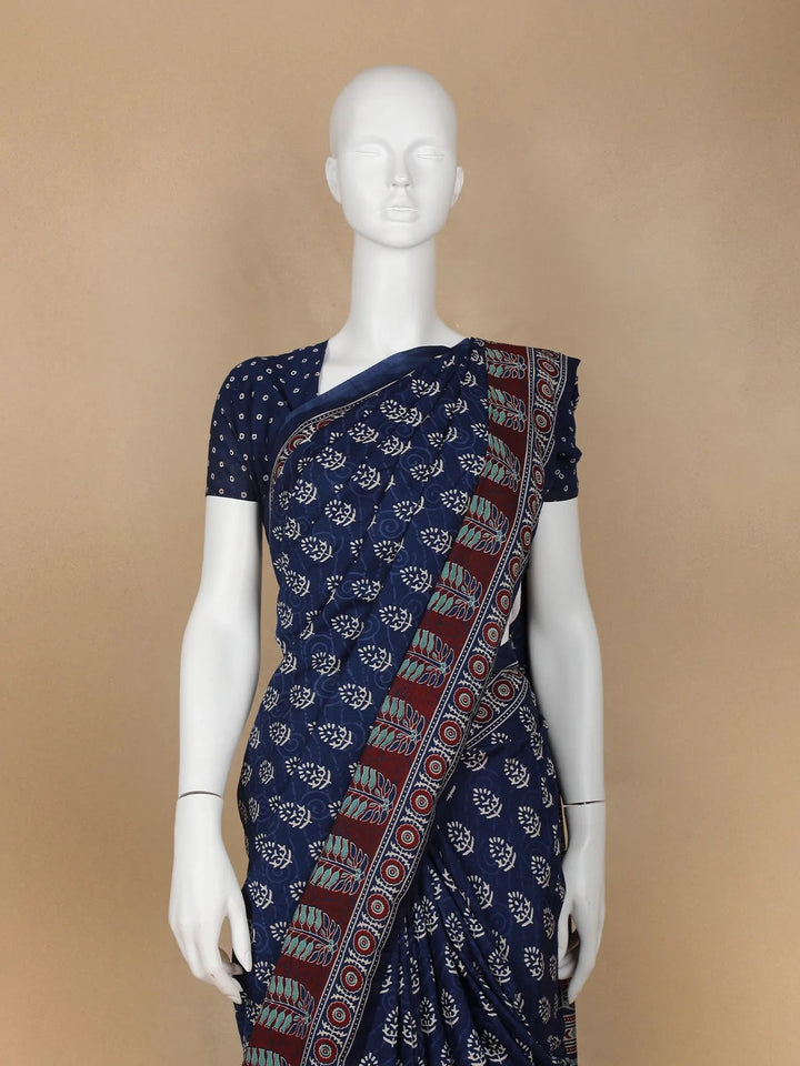 Navy Blue Floral Design Silk Cotton Saree - Diadem