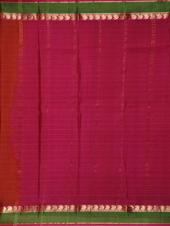 Brick Red Stripes Woven Pure Kanchipuram Silk Saree - Diadem