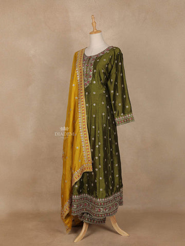 Olive Green Embroidered Designed Crepe Anarkali Salwar Suit - Diadem