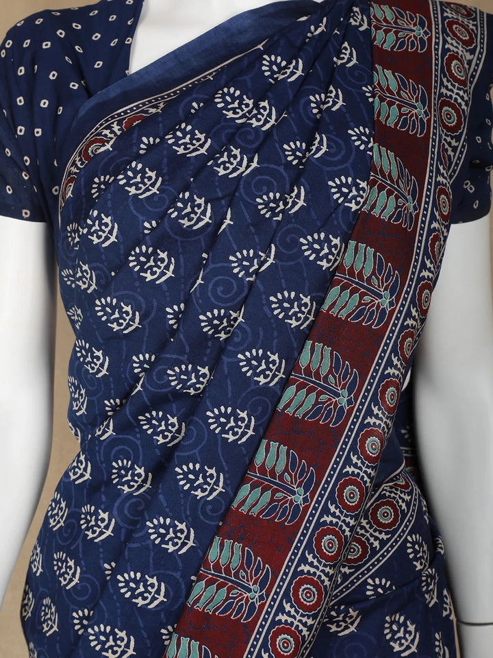 Navy Blue Floral Design Silk Cotton Saree - Diadem