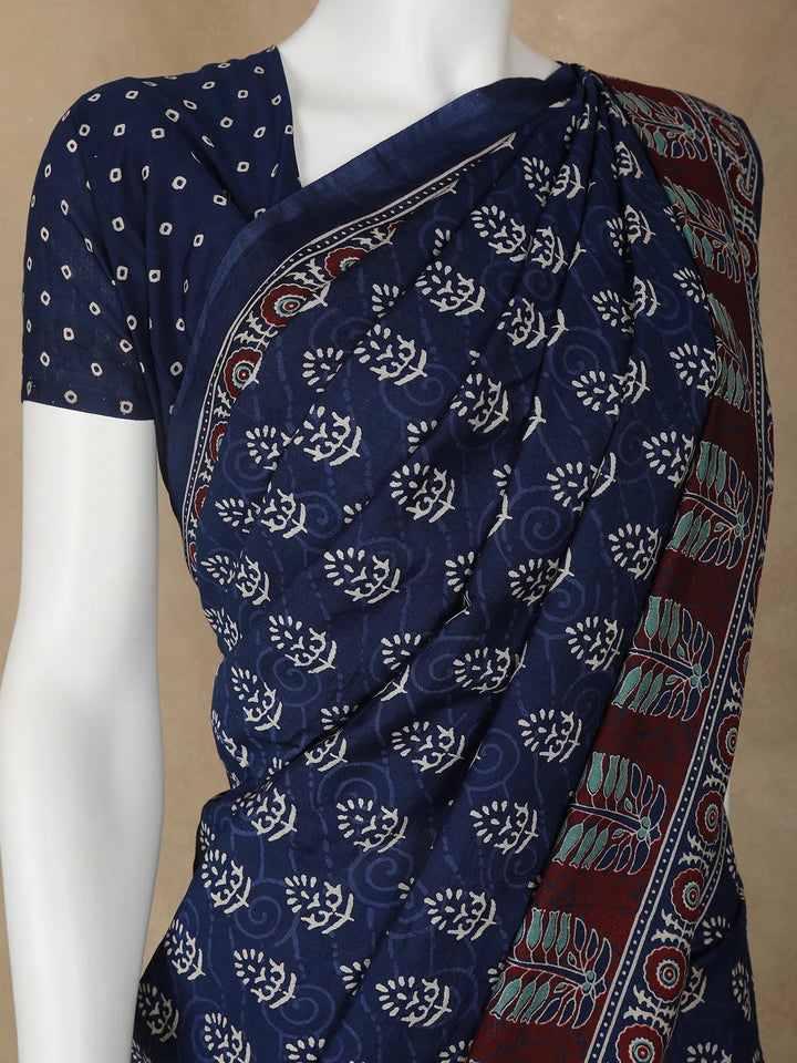 Navy Blue Floral Design Silk Cotton Saree - Diadem
