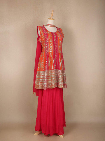 Queen Pink Sequins And Floral Embroidered Georgette Sharara Salwar Suit - Diadem