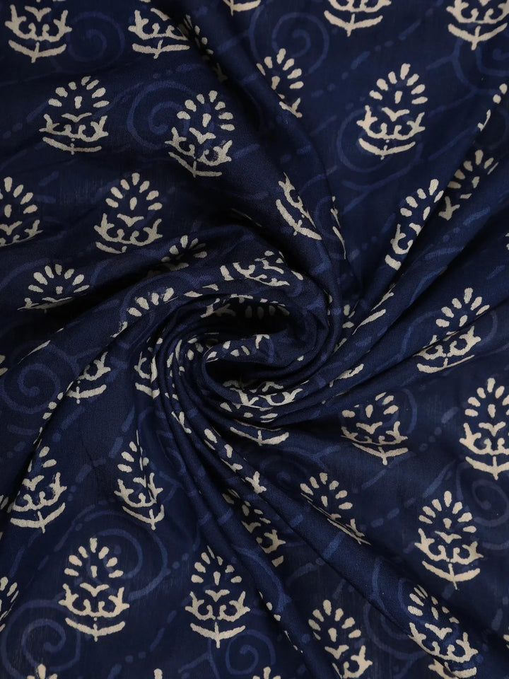 Navy Blue Floral Design Silk Cotton Saree - Diadem