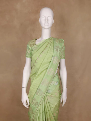 Pale Green Floral Design Silk Cotton Saree - Diadem