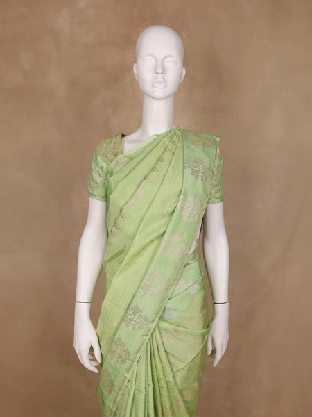 Pale Green Floral Design Silk Cotton Saree - Diadem