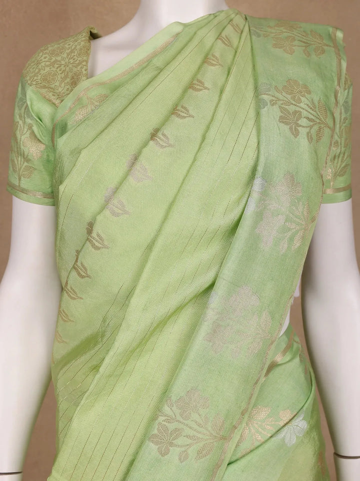 Pale Green Floral Design Silk Cotton Saree - Diadem