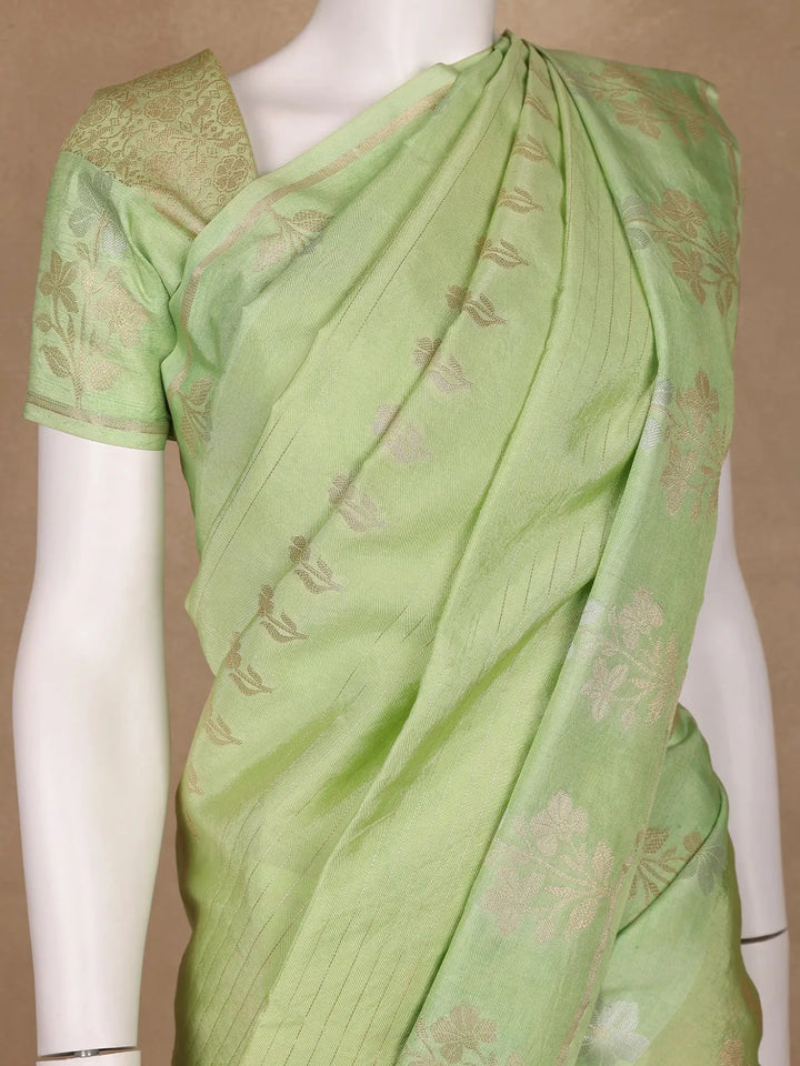 Pale Green Floral Design Silk Cotton Saree - Diadem