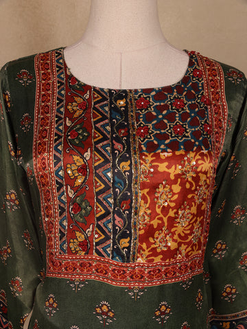 Green Floral Designed Cotton Rayon Salwar Suit - Diadem