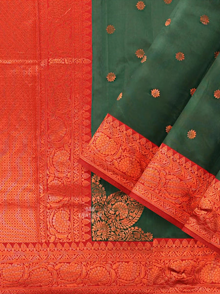 Dark Green Art Silk Saree with Zari Butta on the Body and Zari Border - Diadem