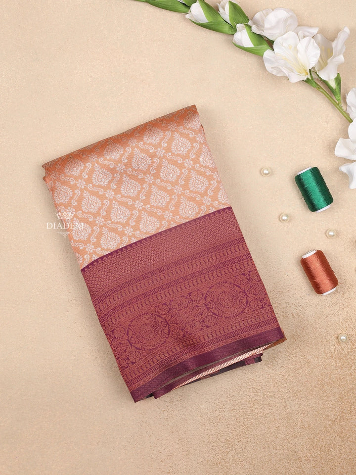 Light Brown Art Silk Saree with Diagonal Check and Floral Design on the Body with Contrast Border - Diadem